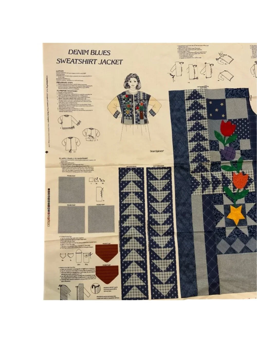 Denim Blues Sweatshirt Jacket Cut and Sew Fabric Panel Patchwork Tulips Stars